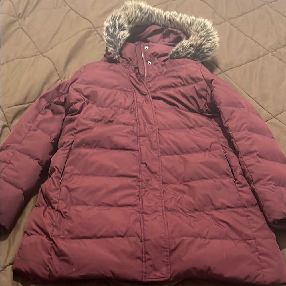 Lands' End Red Puffer Jacket with Faux Fur Hood